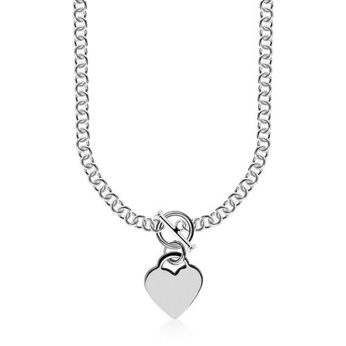 Sterling Silver Rhodium Plated Rolo Chain Necklace with a Heart Toggle Charm, size 18''